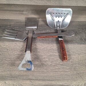 Vtg Vernco BBQ Grill Set Fork Wide Spatula Bottle Opener Stainless Steel Japan